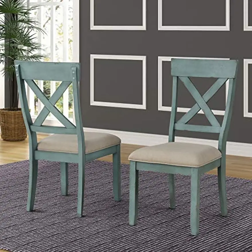 

Roundhill Furniture Prato Two-Tone Wood Cross Back Upholstered Dining Chairs, Set of 2, Blue and Tan