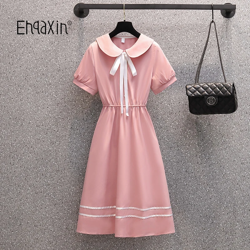 

EHQAXIN Womens Summer Short Sleeve Dresses New Pink Sweet Doll Collar Bow High Waist A-Line Dress For Female College Style M-3XL