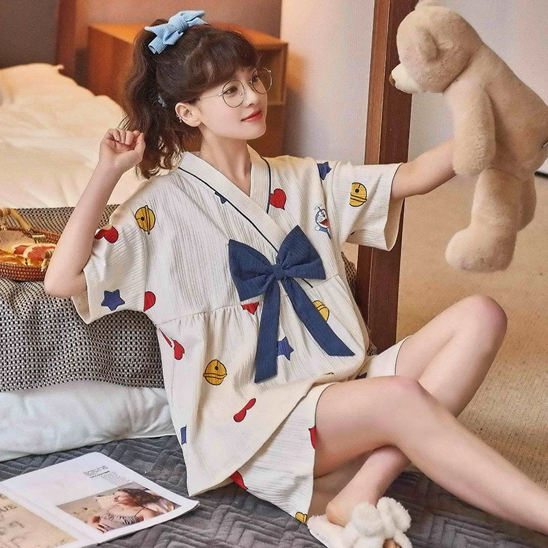 Big Size Women's Clothing Cotton Pajamas Set Summer Home Suit V Neck Japan Style Kimono Sleepwear conjuntos de pijama