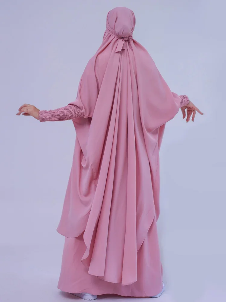 Jilbab for Woman 2 Pieces Set Smocking Sleeve Extra Long Overhead Abaya Long Khimar Skirt Niqab Suit Islam Muslim Prayer Outfit