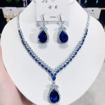 Women Fashion Trend Zircon Luxury Necklace Earrings Blue Drop Set 2025 1