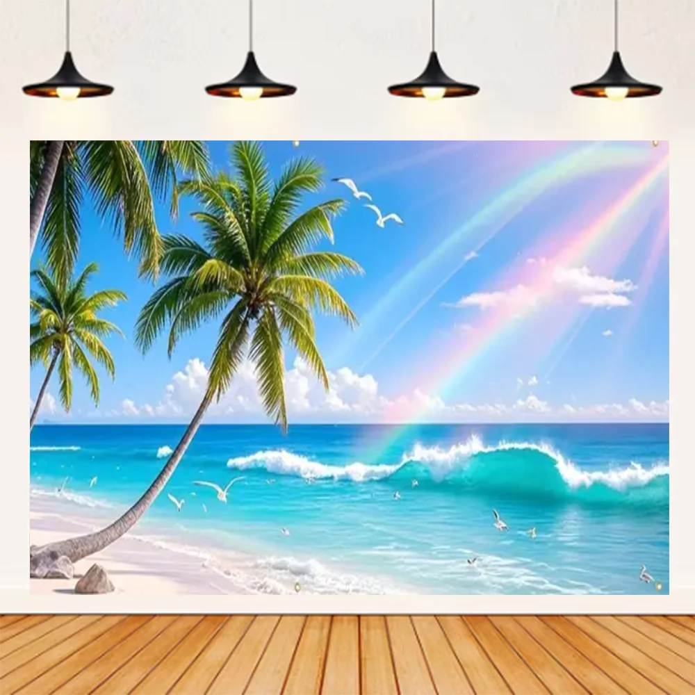 Sommer Meer Strand Thema Hintergrund Palme Blauen Himmel Romantische Sonnenaufgang Meer Welle Fotografie Hintergrund Liefert Party Decor – Detail 1