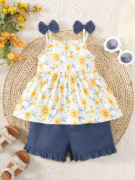 Toddler Baby girl Bow Suspender Print Top Blue Shorts 2pcs/set 0-3 Year old Baby Girl Summer Set Vacation Casual Wear 1