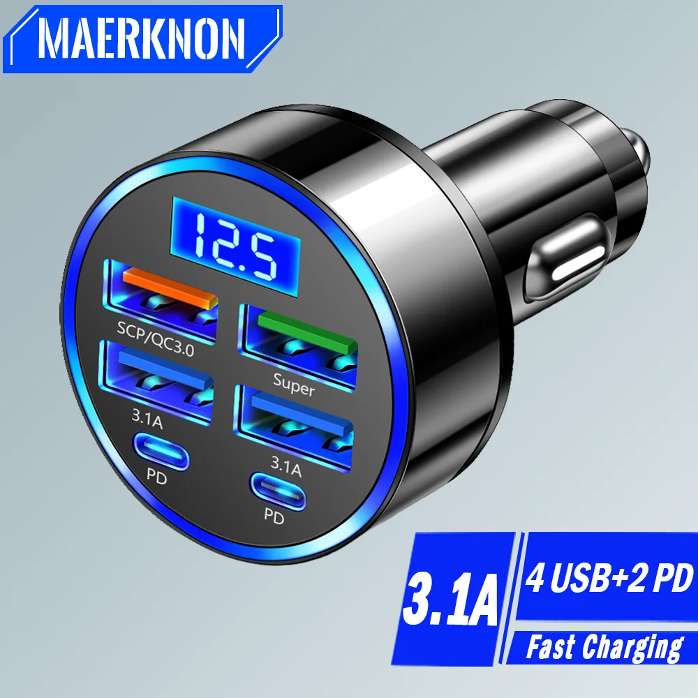 Car Charger 6 Ports USB C PD Type C Power Adapter for iPhone Samsung Xiaomi Huawei QC 3.0