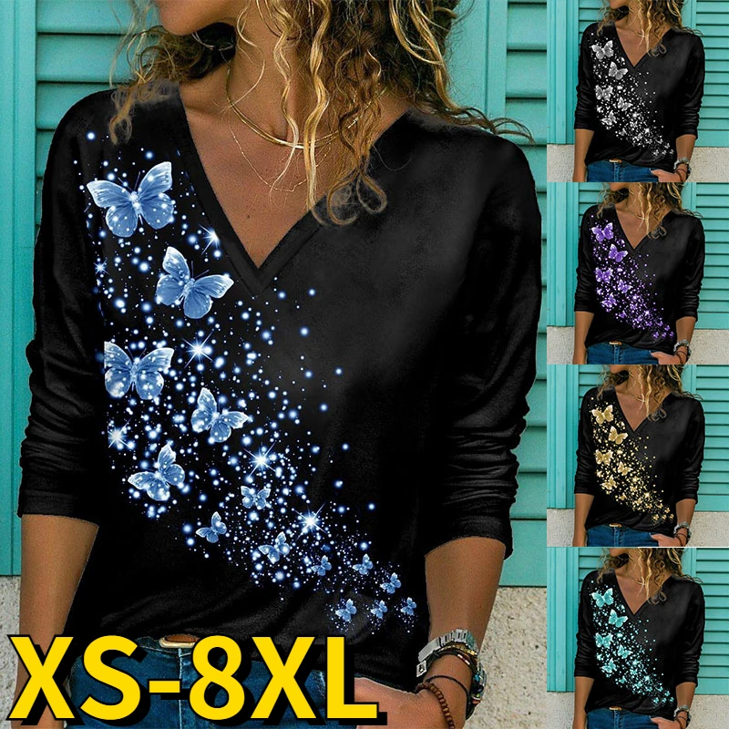 

2022 Butterfly Prints T-shirt Fashion Casual Loose T-shirt Autumn Women V-neck Elegant Tops Simple Style Pullover Long Sleeve