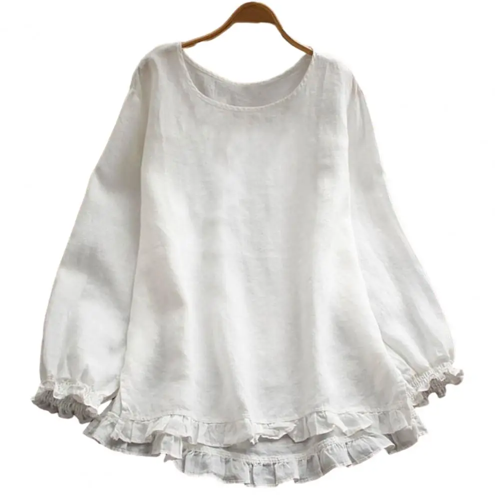 

Women Blouse O-neck Long Sleeve Elastic Cuffs Ruffle Trim Loose Solid Color Pullover Shirt Tops Streetwear blusa mujer moda 2023