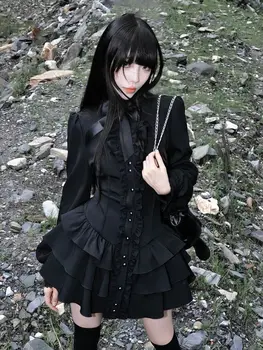 Gothic Vintage Lace Y2k Mini Dress Women Design Streetwear Black Lolita Slim Dress Long Sleeve Elegant Dress Spicy Girls 1