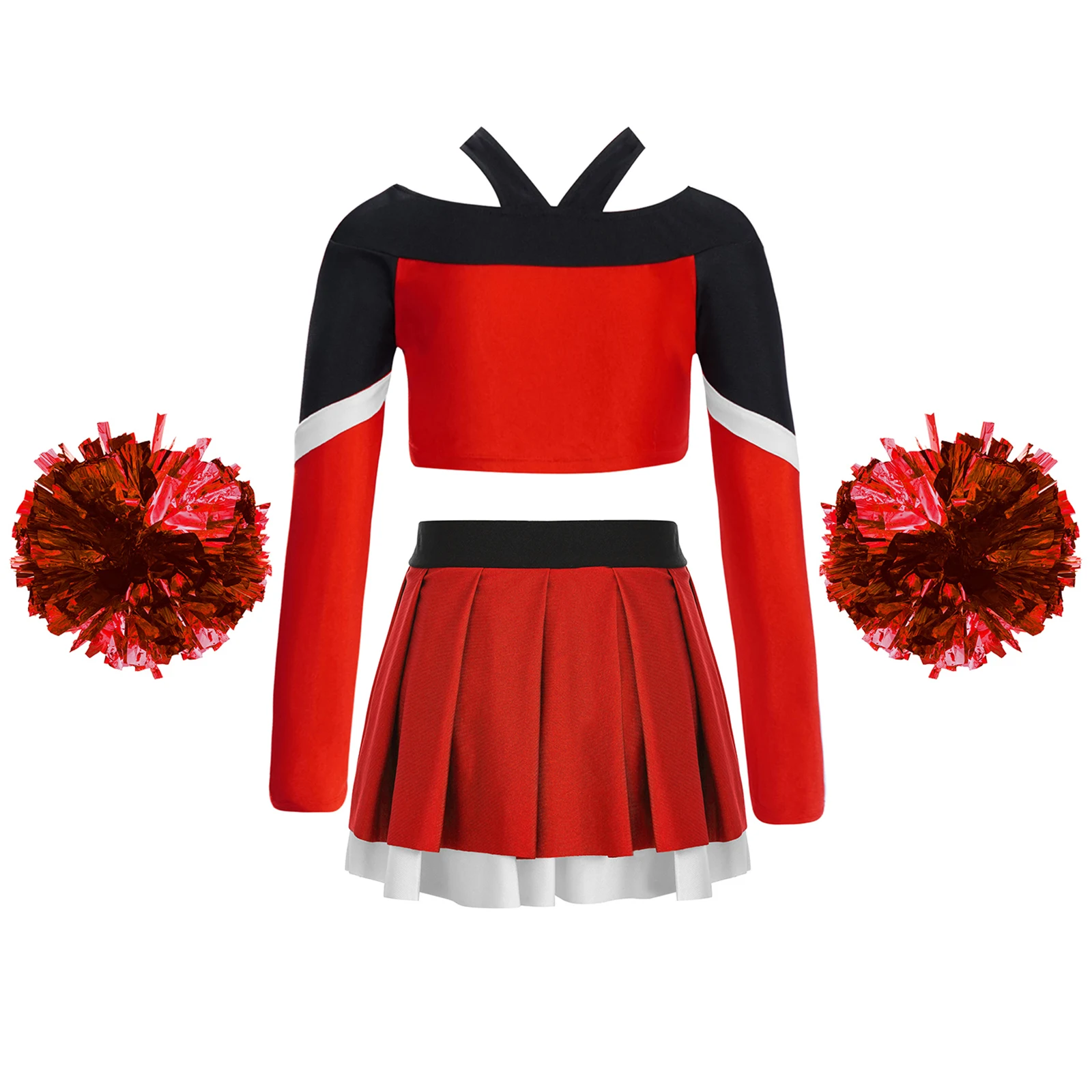 Kinder Mädchen Cheerleader Kostüm Cheerleading Uniform Performance Outfit Briefdruck Crop Top mit Faltenrock Blumenkugeln – Detail 14