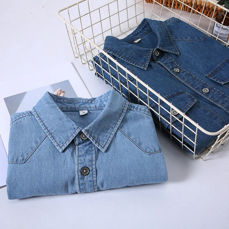 Denim Shirts Man Summer Cotton Thin Pockets Solid Color Washed Single Breasted Turn-Down Collar Casual Tops