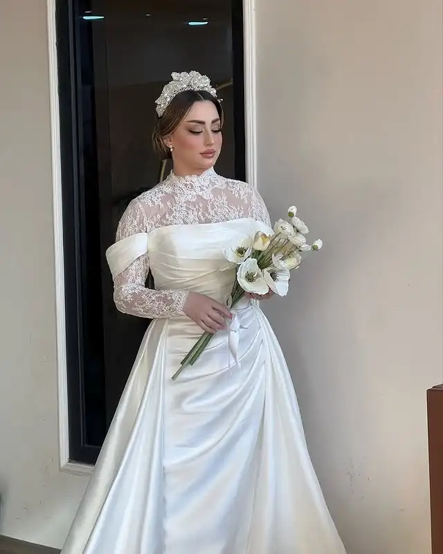 Customized Minimalist Satin Wedding Dress with Detachable Train Fold Pleated Bodice Ruched Waist Bridal Gown with Long Sleeves