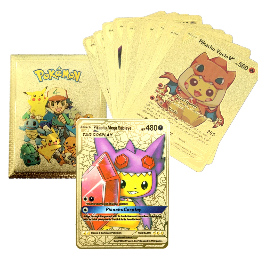 Pokemon Metal Card Spanish Box Gold Black Golden Letters Silver English Vmax Gx Collection Charizard Pikachu Cards Pack Toy Gift