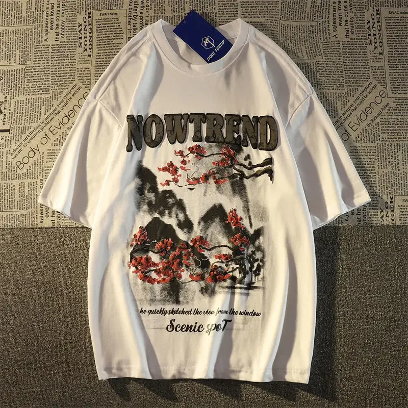 

American retro ink painting short sleeved t-shirt ins loose national style high street chic couple student top graphic t shirts