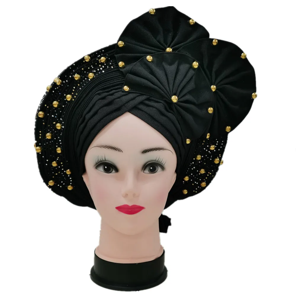 

Black African Auto Gele Aso Oke Headties With Flower Stones Beads Muslim Turban Caps Nigerian Wedding Gele Ready to Wear