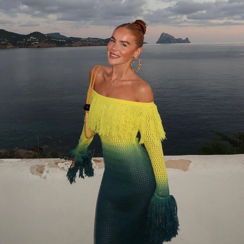 

Bikini Cover Up Beach Dress Women Fashion 2023 Winter New One Line Color Slim Fit Woolen For Print Polyester Summer Kaftan