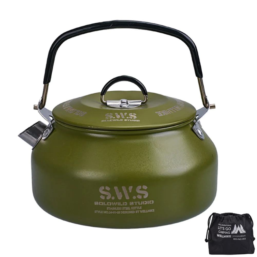 1L Outdoor Camping Kettle with Handle 304 Stainless Steel Water Kettle Lightweight Coffee Pot Tourist Cookware Supplies