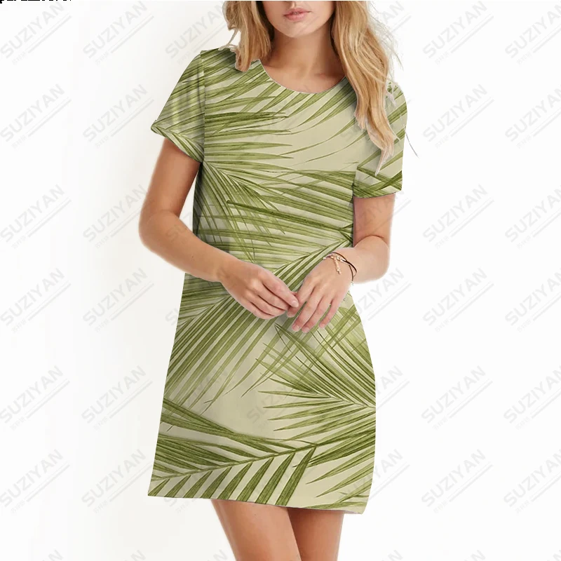 

2023Women's Summer New Hawaiian Beach Dress 3D Printed Short Sleeve T-shirt Women's Round Neck Casual Commuter Knee Length Dress