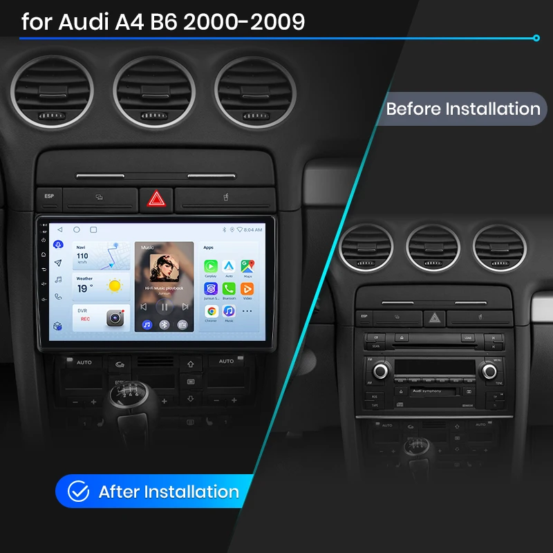 Radio para Auto Junsun para Audi A4 B6 2000 2001 2002 2003 2004 2005 2006 2007 2008 2009, CarPlay, Android Auto, FM, RDS, DSP, BT, GPS, Navi, SWC, Pantalla Táctil HD IPS, Reproductor Multimedia Plug & Play, Llamadas Manos Libres, Unidad Principal con Estilo Original del Auto 2