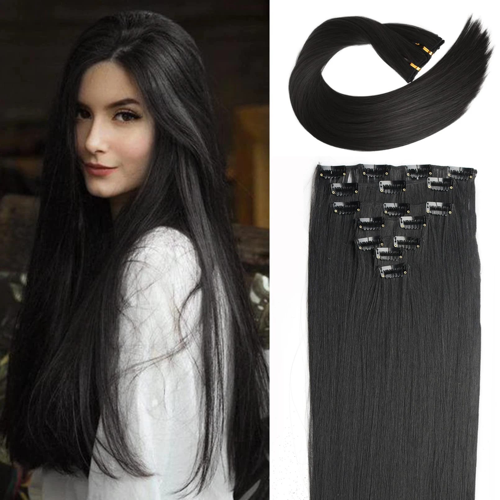 XINRAN-24Inches-Long-Straight-Synthetic-Hair-Extensions-Clips-in-High ...