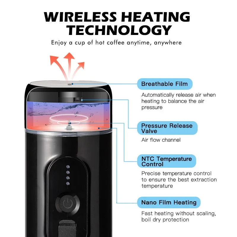 Portable Coffee Maker Travel Coffee Machine Compatible with Capsule and Powder USB Charging for Outdoor Car Office