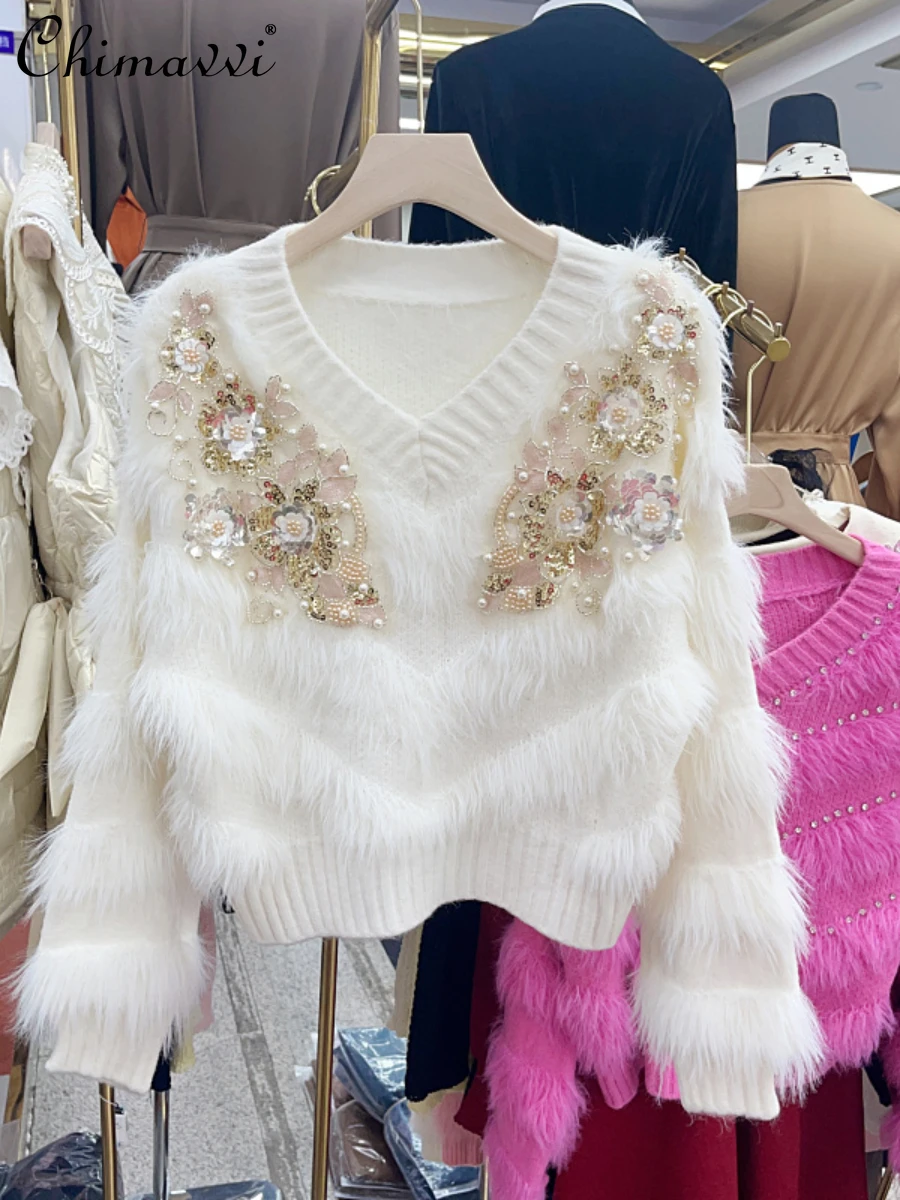 

Autumn 2023 Korea Fashion New Heavy Sequins Beaded Mink Fur Loose Pullover Knitted Top Fashion Ladies Loose Long Sleeve Sweater