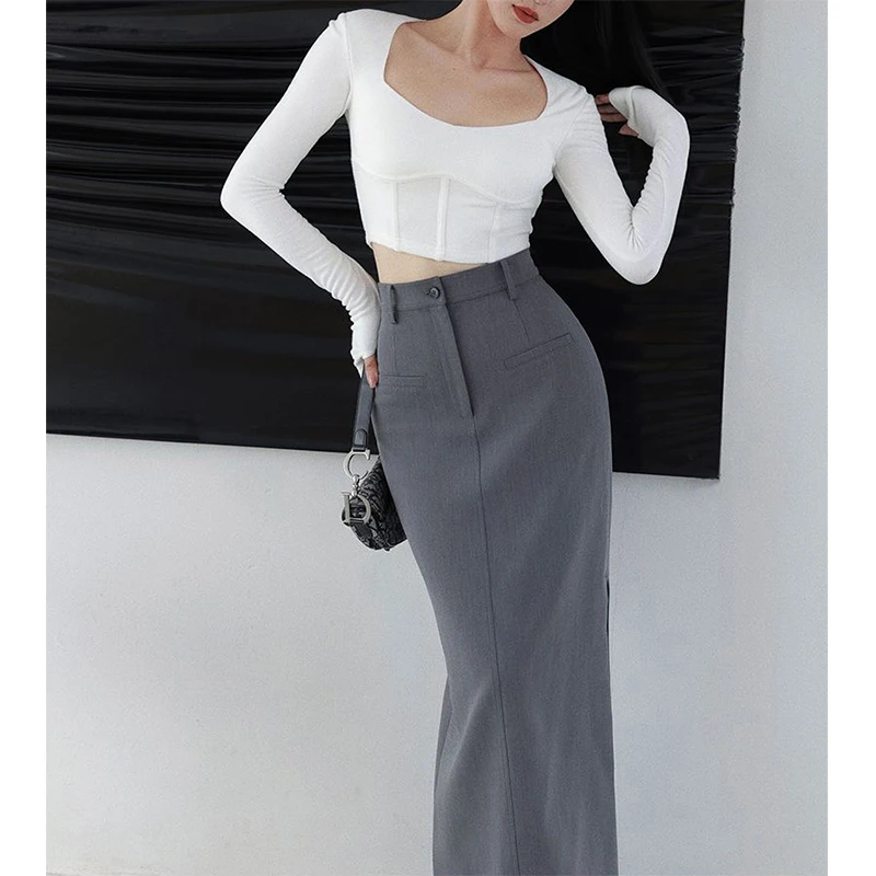 Elegant Slit Midi Skirt Women Streetwear High Waist Black