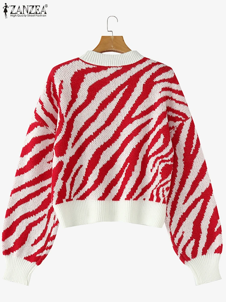 ZANZEA Fashion Long Sleeve Zebra Striped Sweater Stylish Autumn Sweaters Women Jumpers Casual Knitted Top Winter Loose Pullovers 2
