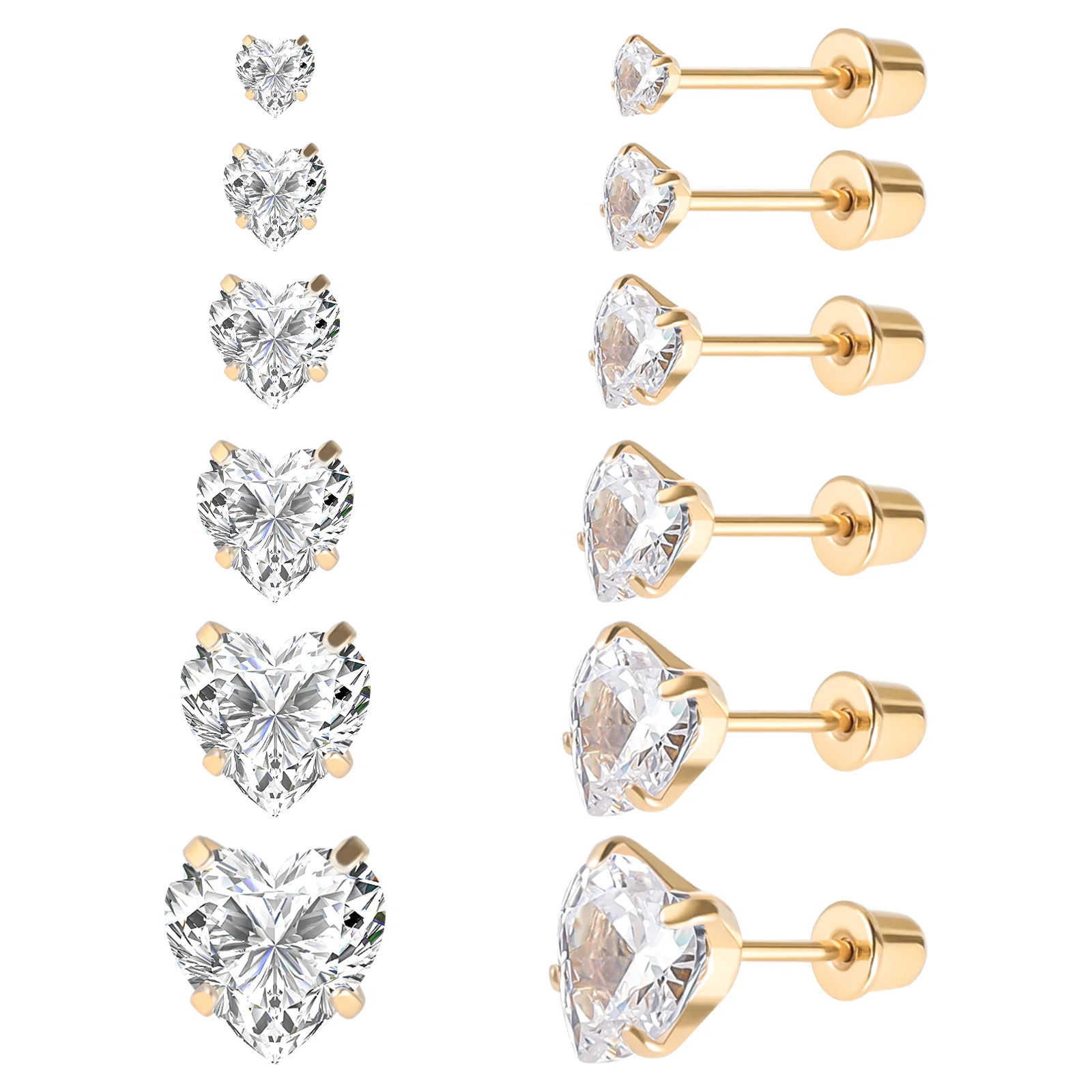 

6 Pairs Stainless Steel Screw back Stud Earring, Gold Plated Heart Star Square Princess Cut Round Cubic Zirconia CZ Stud Set