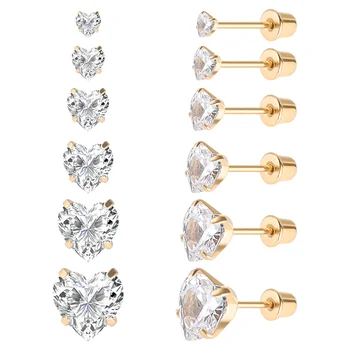 6 Pairs Stainless Steel Screw back Stud Earring, Gold Plated Heart Star Square Princess Cut Round Cubic Zirconia CZ Stud Set
