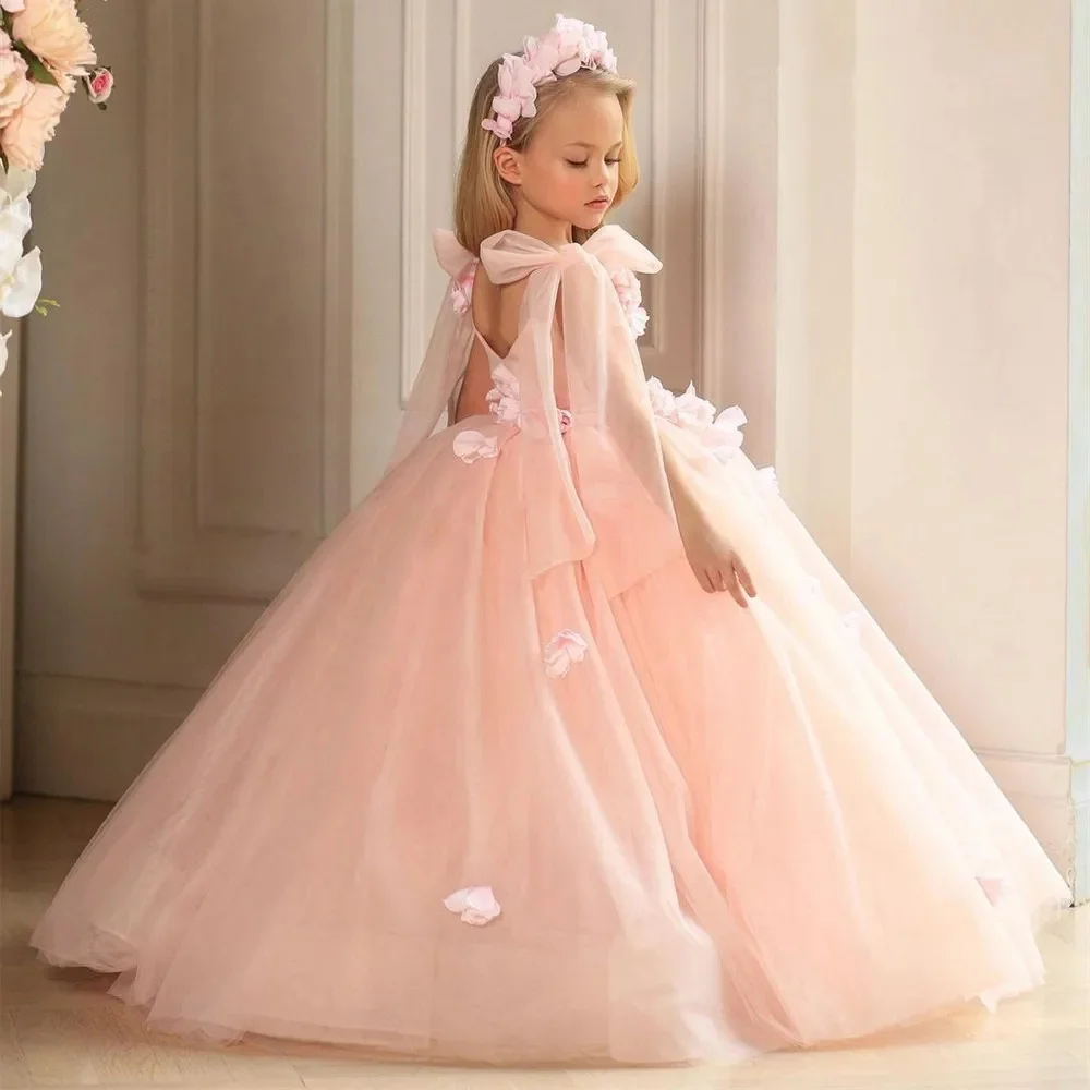 

Flower Girl Dresses For Wedding 3D Applique Sleeveless Tulle Fluffy Kids Princess Birthday Party First Communion Dresses Pageant