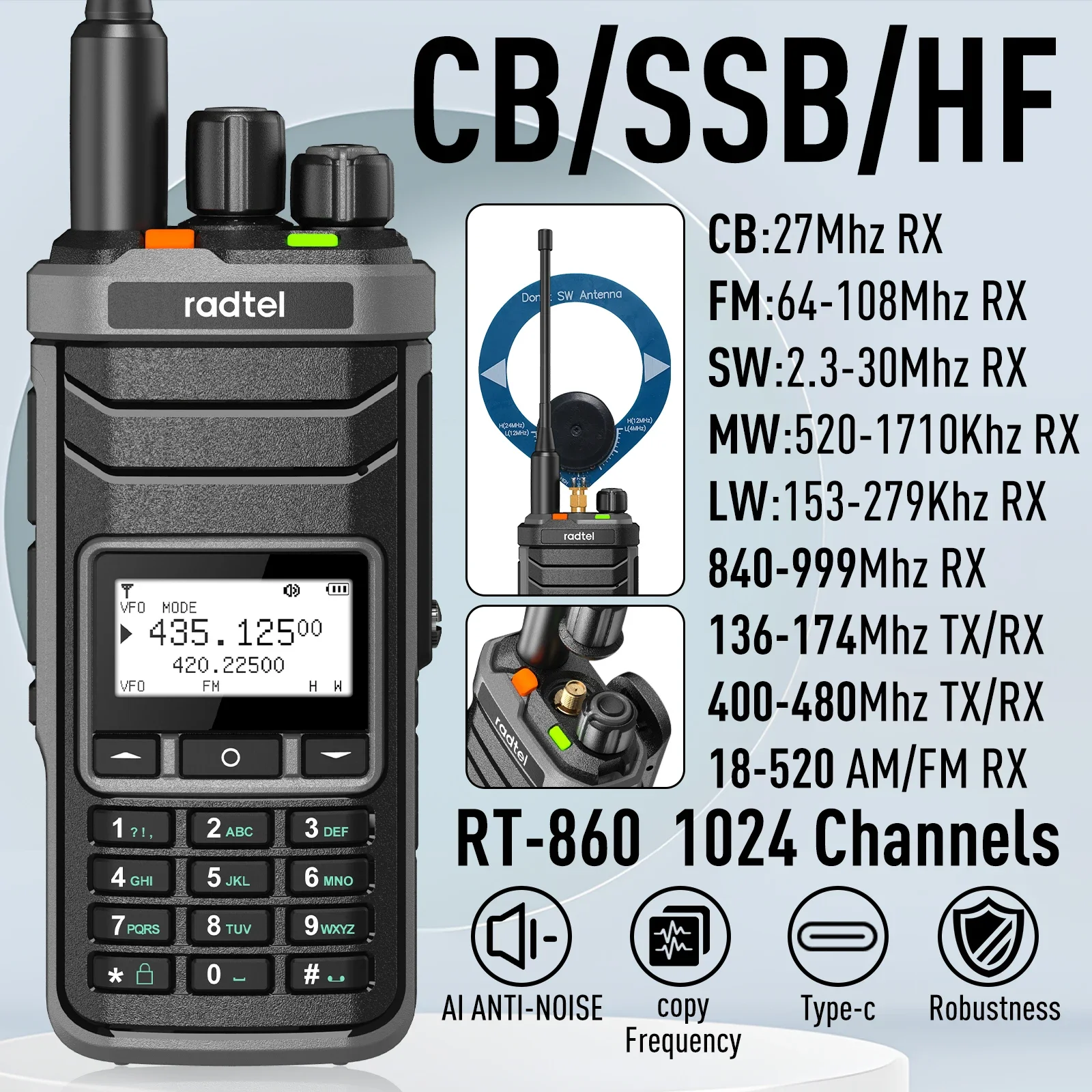 Radtel RT-860 Multi Band Ham Radio HF UHF VHF Dual Band with AM USB LSB CW CB LW MW SW SSB Reception, 1024 Channels, 2000mAh Bat 3
