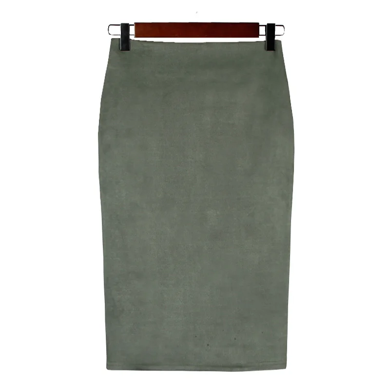 Autumn Winter High Waist Bodycon Vintage Suede Split Thick Stretchy Skirts Women Skirts Suede Solid Color Pencil Skirt Female
