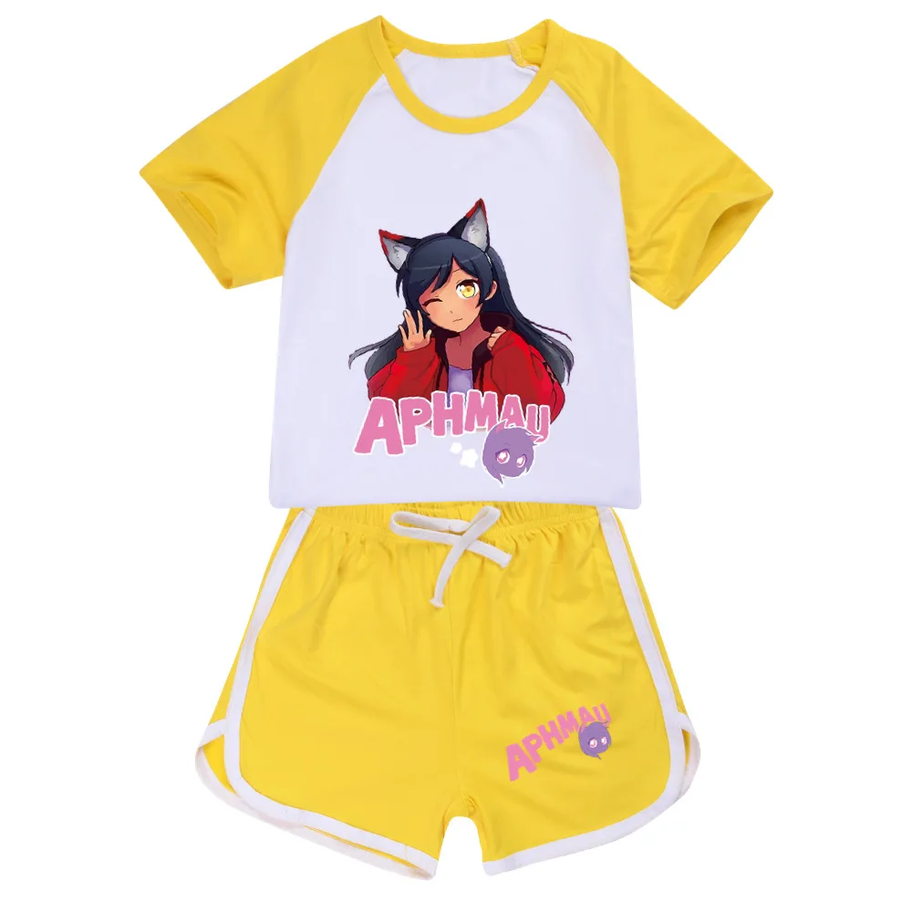 Anime Aphmau Cat Clothes Kids Summer Short Sleeve Tops Shorts 2pcs Sets Baby Girls Cartoon Tshirt Teenager Boys Causal Sportsuit