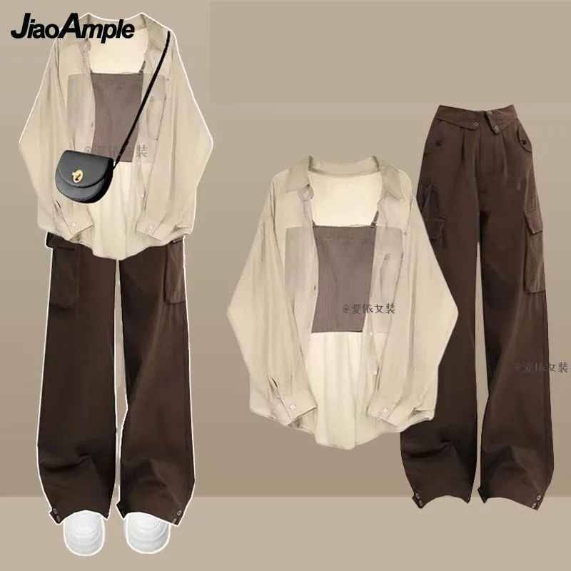 Women's 2024 Summer New Vintage Sunscreen Chiffon Shirt+Strap+Cargo Pants Three Piece Suit Korean Casual Tracksuit Matching Set
