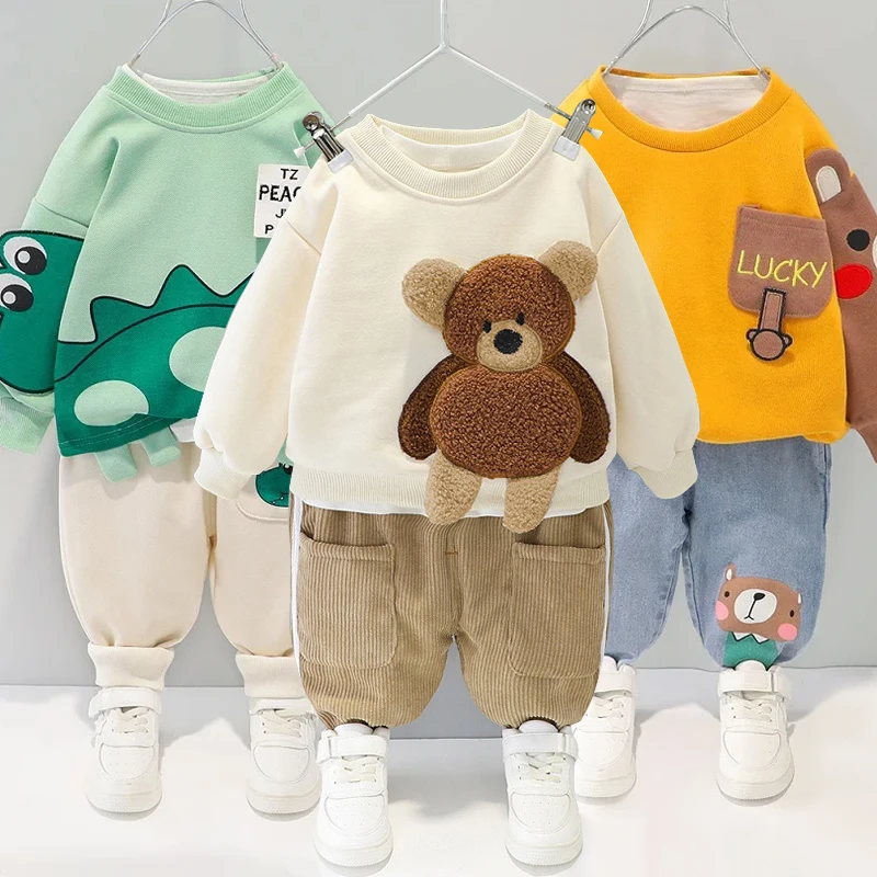 Baby boy cotton two-piece suit boy girl plus velvet warmth cartoon bear cute baby suit baby clothes cartoon t-shirt kid