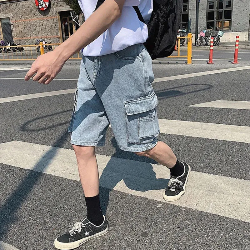 New Summer American Thin Denim Shorts Fashionable Men's High Quality Loose Straight Leg Travel Shopping Retro Large Pocket Jeans