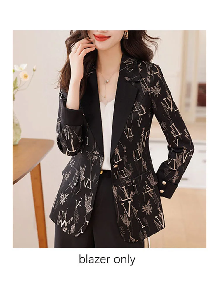 Tesco Autumn Women's Animal And Letter Print Blazer Pants Suit Black Formal Jacket Wide Leg Long Pants For Office Lady