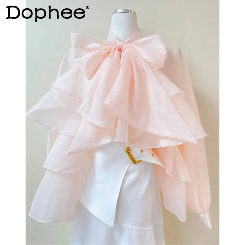 

Korean Fashion Sweet Big Bow Ribbon Solid Color Shirt Top Elegant Ruffled Pullover Blouse 2022 Spring Summer New Blusas Feminina