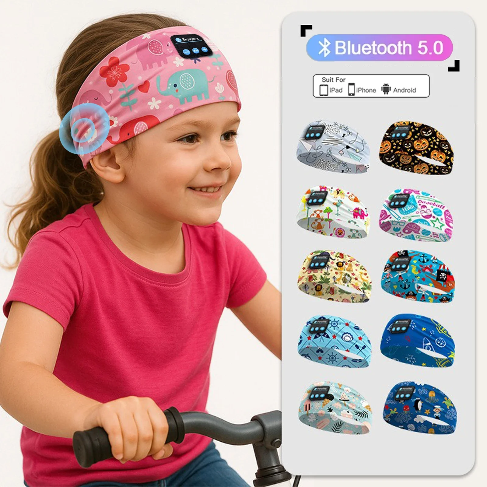 Kids Cartoon Bluetooth Headphones Headband Wireless Sports Music Headset Sleeping Head Band with HD Microphone for Boys&Girls
