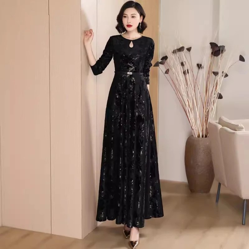 New Women Black Print Dress Spring Autumn Fashion Hollow Out O