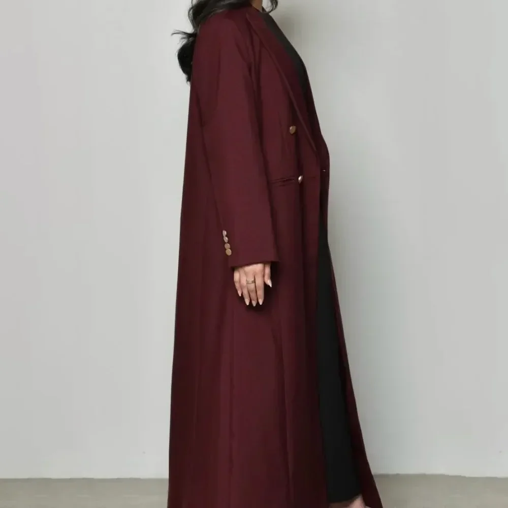 Fashion Peak Lapel Burgundy Women Blazer Chic Double Breasted Floor Length Outerwear Office Daily Causal Jacket 1 Piece