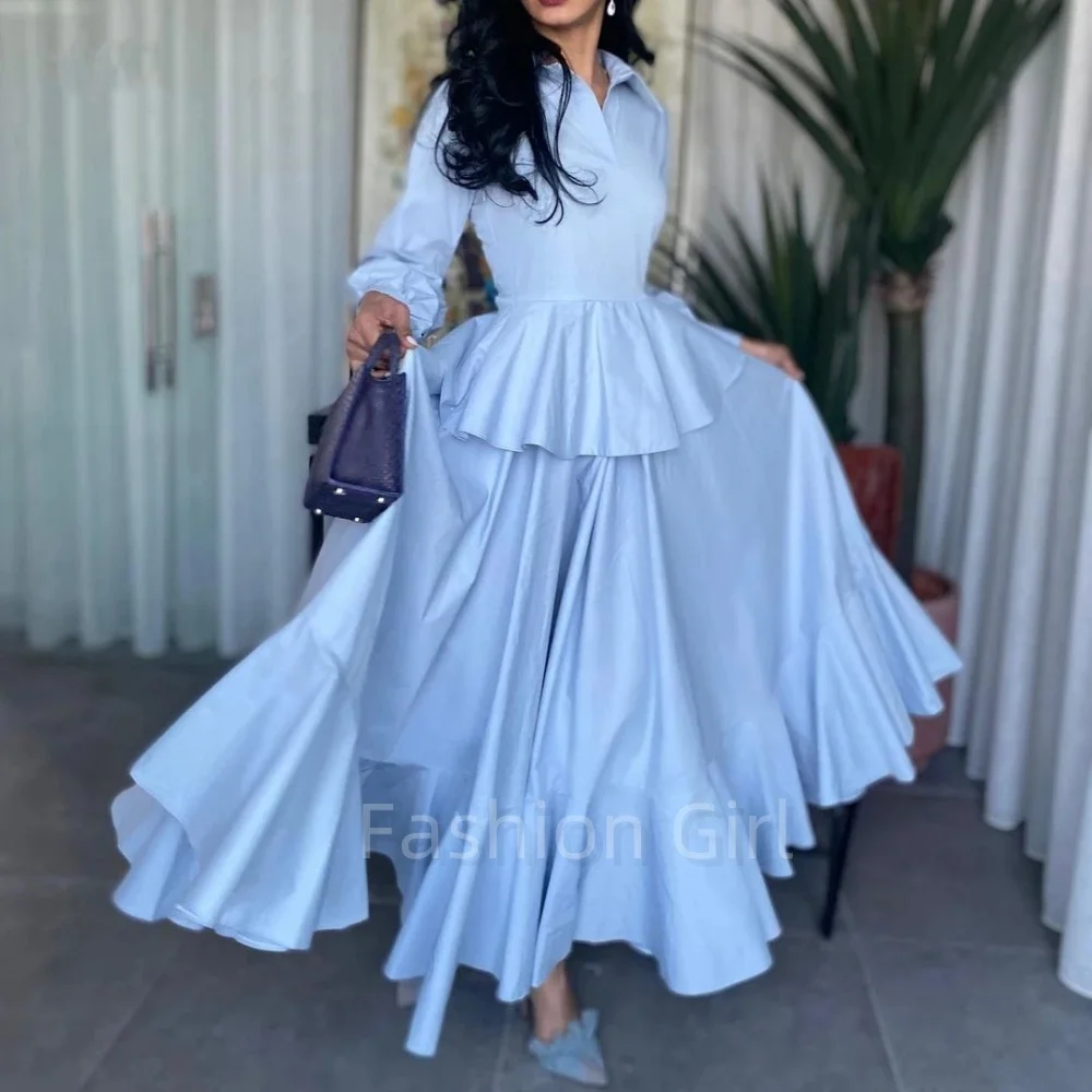 

Elegant Vintage Simple Blue Ruffle A-Line V-Neck Ankle Length Long Sleeve Formal Occasion Prom Dress Evening Party Gowns 2024