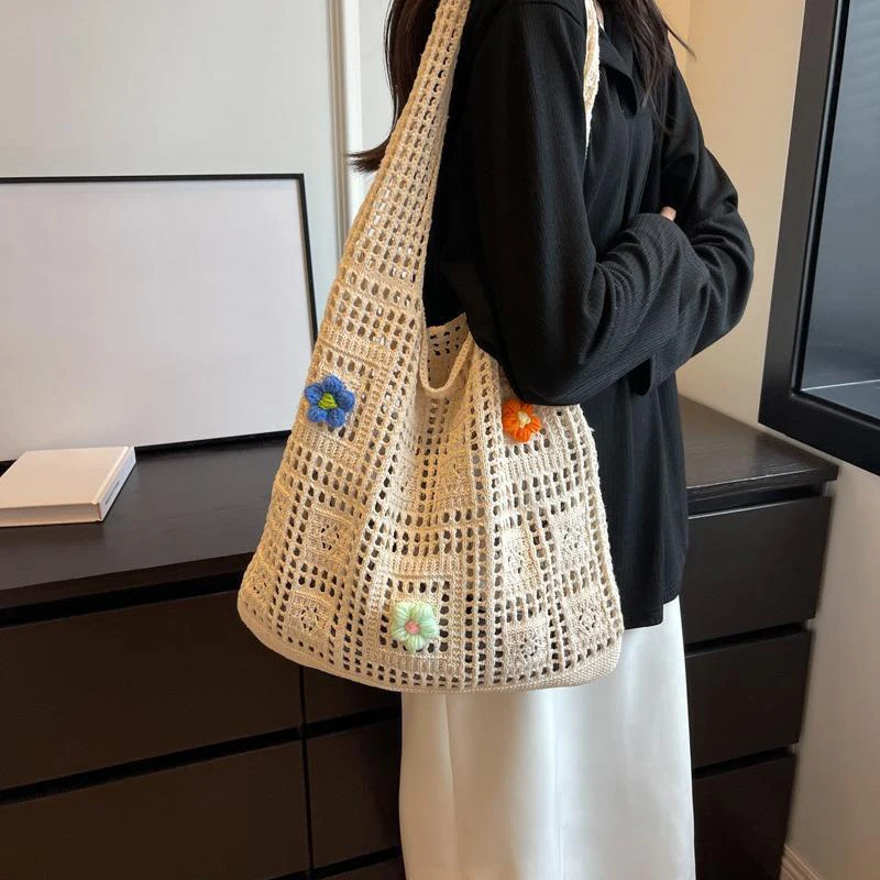Women Crochet Tote Handbag Hollow Out Crochet Grocery Bag Solid Color Travel Shopping Totes Ladies Daily Shoulder Bag