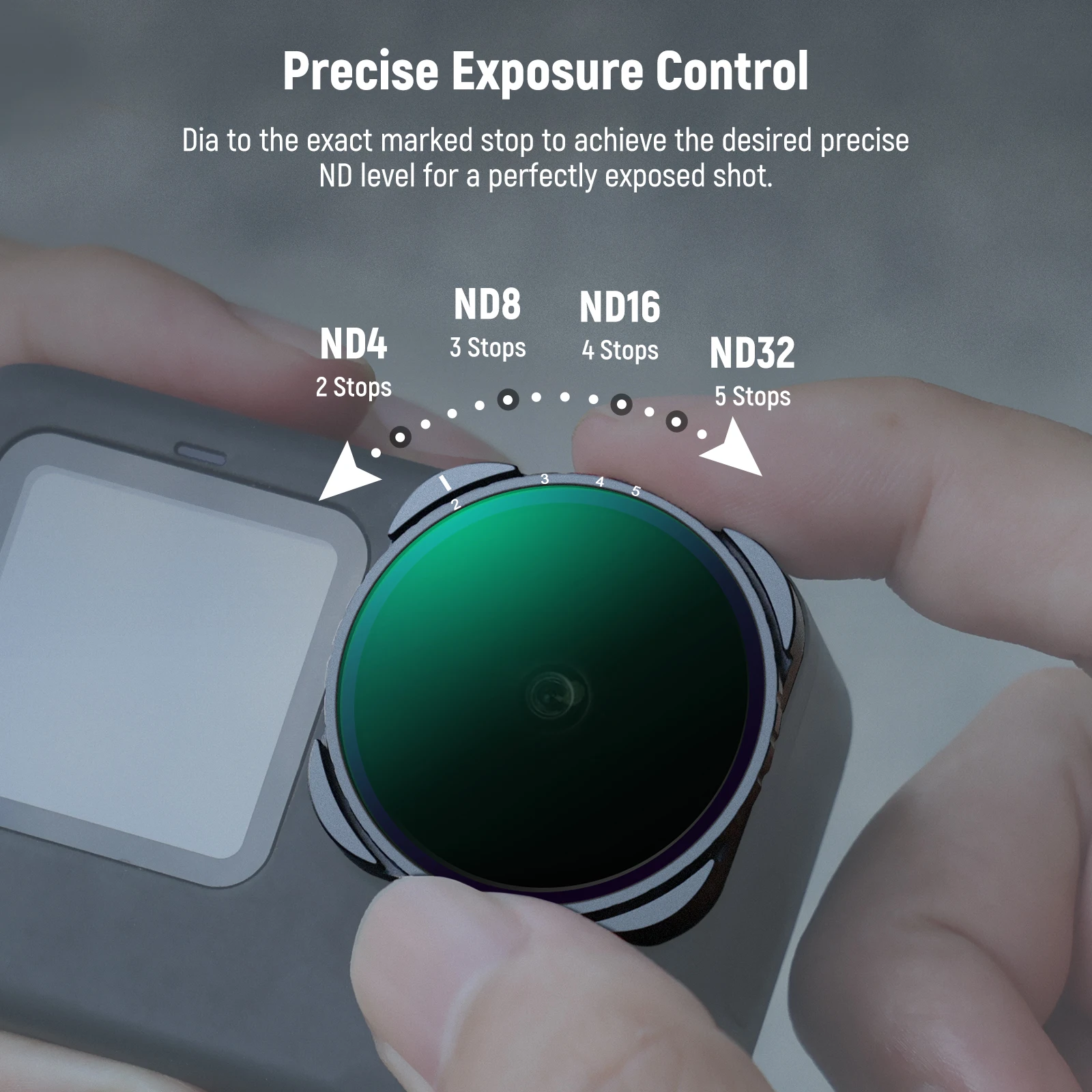 Filtre ND variable ND4-ND32 pour GoPro Hero 9 10 11 12, montrant les marquages ND4 à ND32.