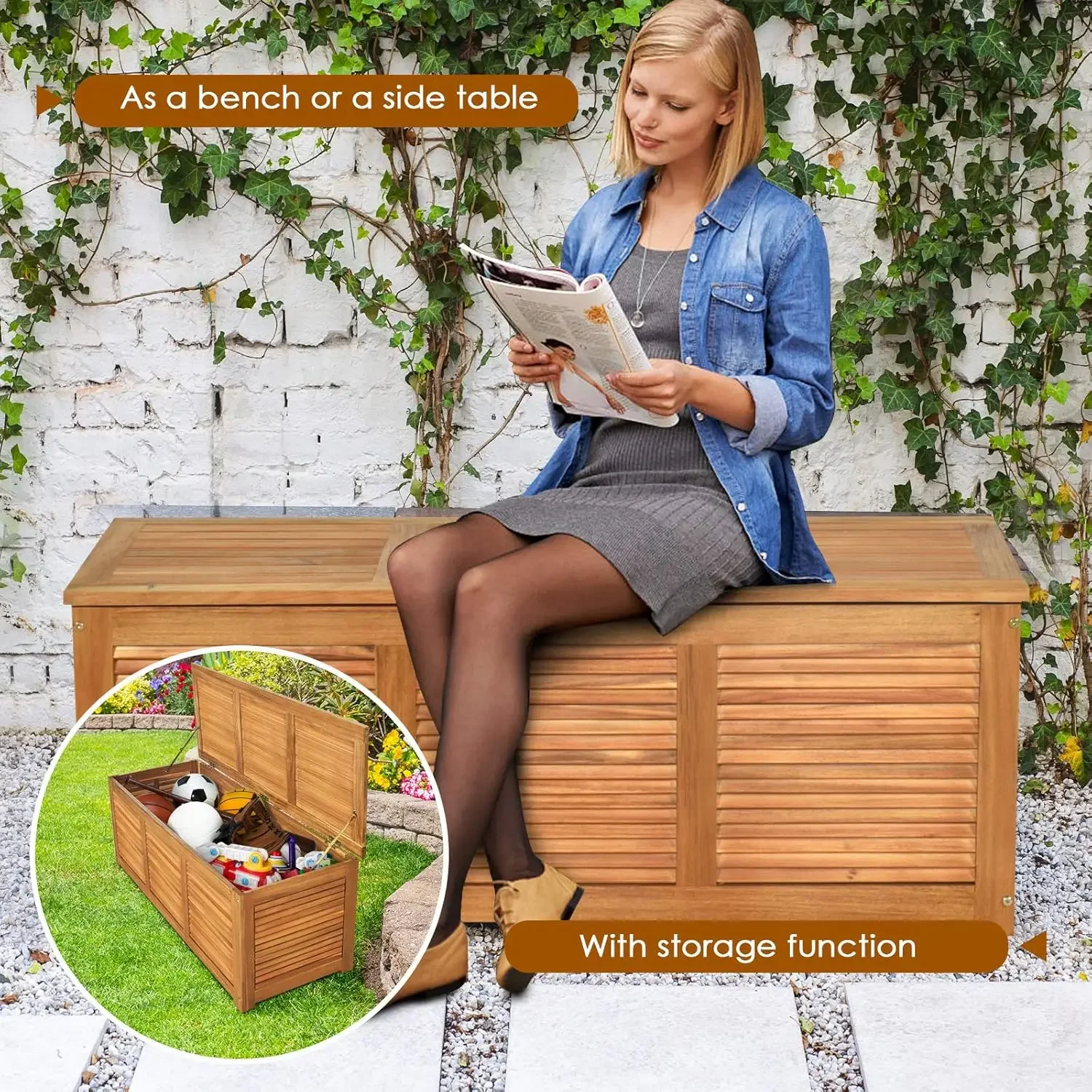 47 Gallon Acacia Wood Deck Box, Garden Backyard Storage Bench, Outdoor Storage Container for Patio Furniture Cushions a 6