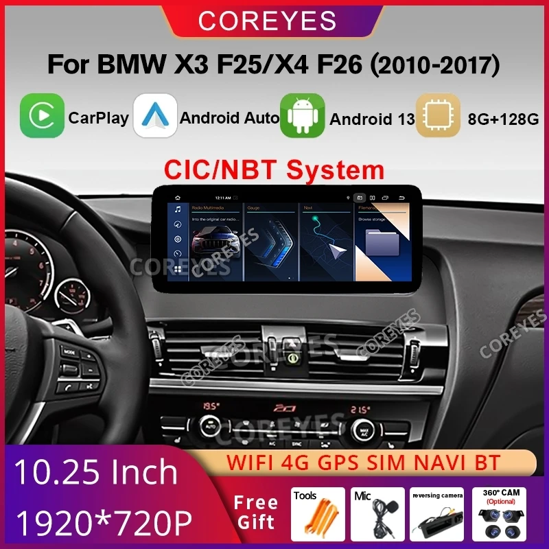 

Автомагнитола COREYES 10,25 дюйма, Android 12, для BMW X3 F25 X4 F26 2011-2016, 4G, Wi-Fi, BT, CIC, система GPS, мультимедийный плеер для Carplay