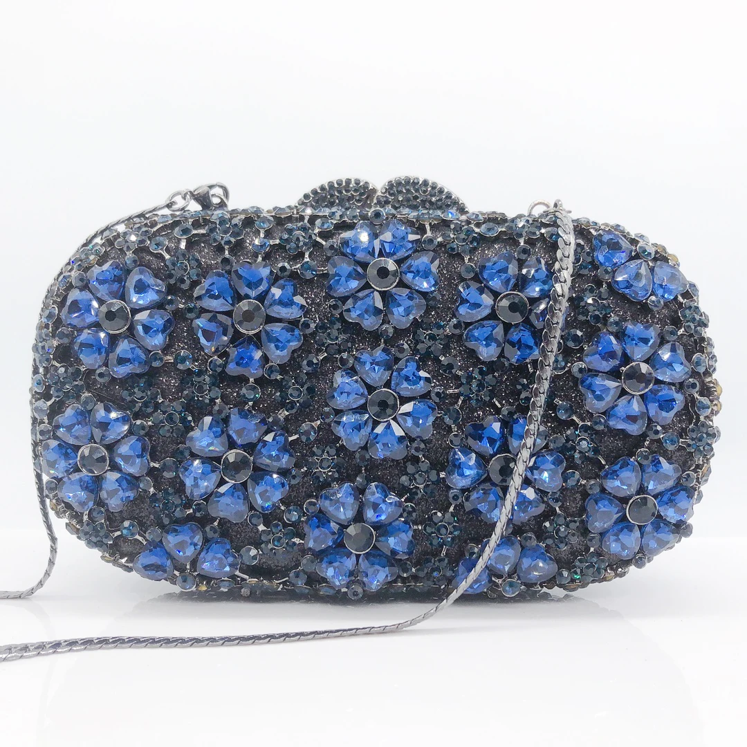 

Blue Rhinestone Flower Evening Clutch Dinner Purses Luxury Dazzling Crystal Party Cocktai Handbags Women Diamond Purses Clutches