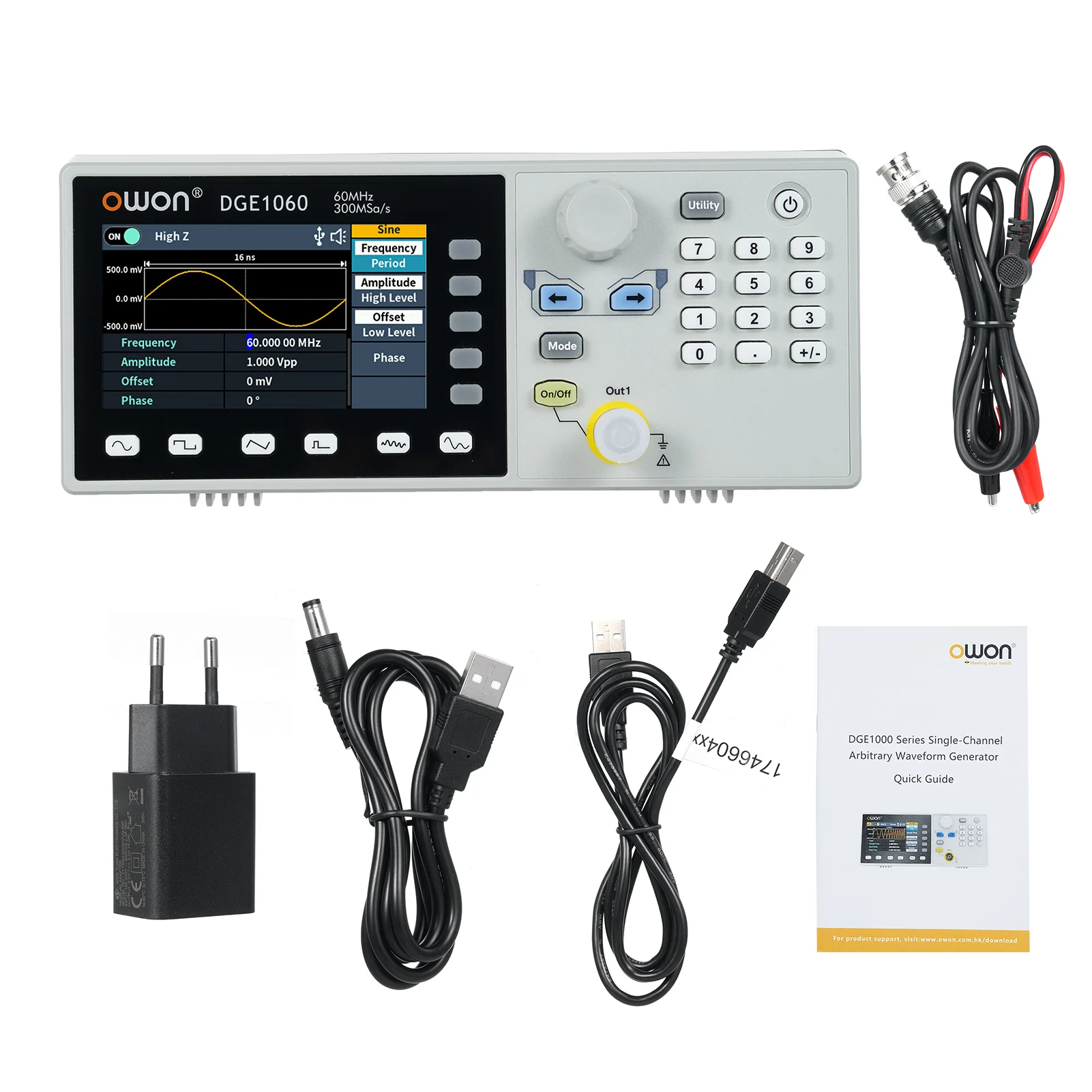OWON DGE1060 60MHz 300MSa/s Arbitrary Waveform Generator Single Channel 3.6inch LCD Display Benchtop 14Bits Waveform Generator