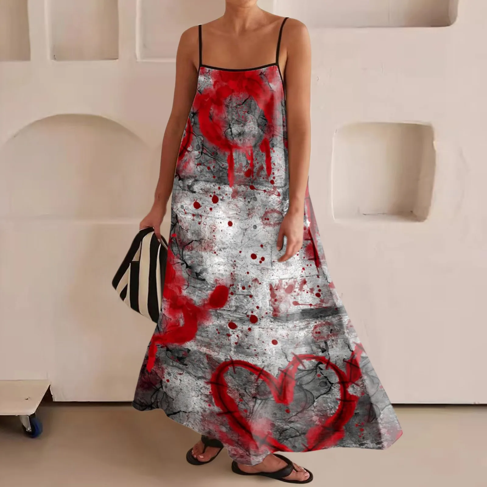 thumbnail image 1 of Vestido largo de moda para mujer con ribete en contraste, tirantes finos, trajes para viajes, Halloween, vestidos largos estampados, vestidos largos sin mangas, 1 of 5