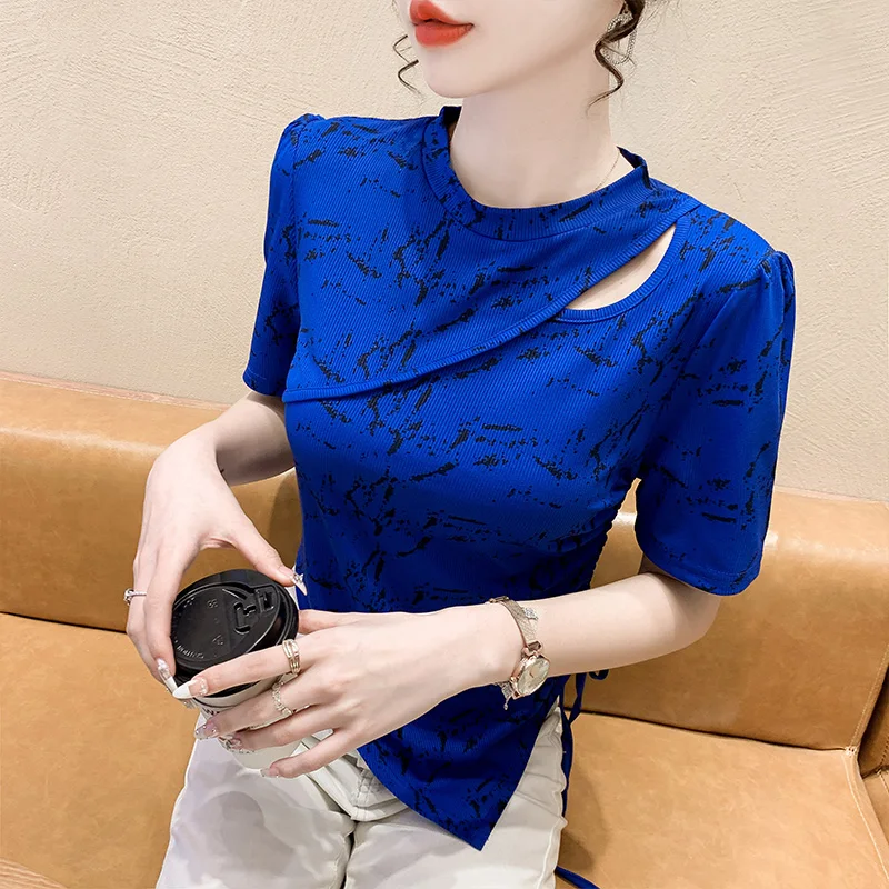 

Fashion cut out top y2k green tees t shirt women 2022 european clothing printed shirts woman hollow irregular drawstring tops