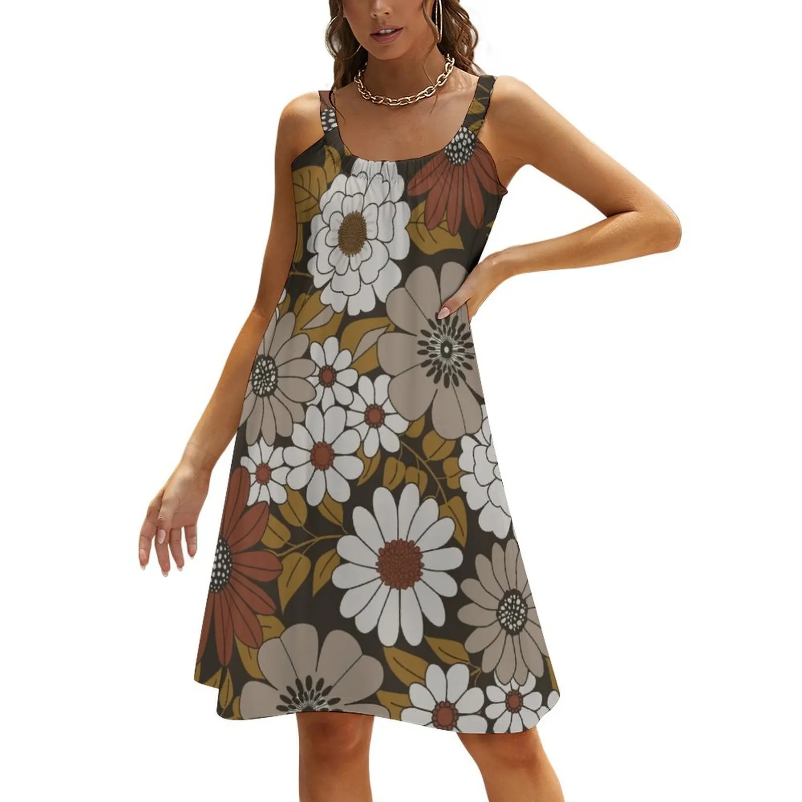 

Brown, Orange, and Ivory Retro Flower Pattern Beach Sling Skirt Dresses gala dress for woman